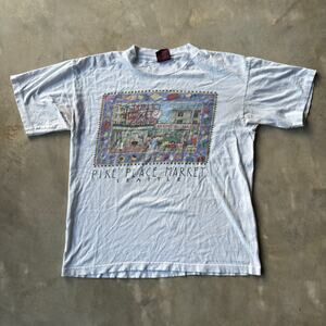 VINTAGE PIKE PLACE MARKET SEATTLE 90S GRAPHIC WHITE TEE SHIRT MENS LARGE BOXY